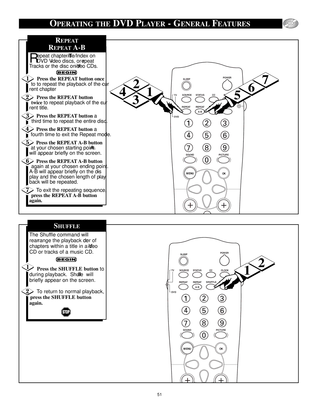 Philips CRT Television manual Repeat Repeat A-B, Press the Shuffle button to 