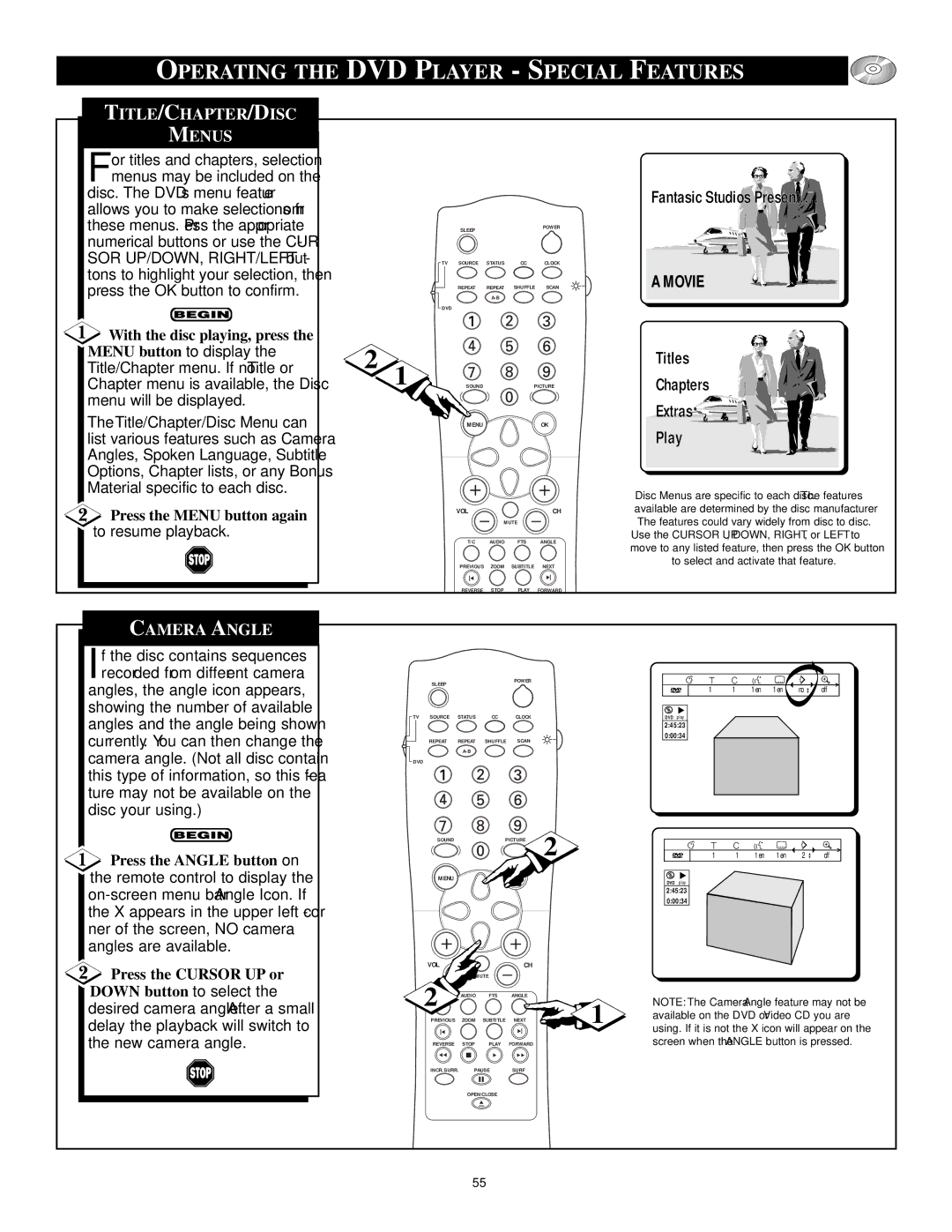 Philips CRT Television manual Operating the DVD Player Special Features, TITLE/CHAPTER/DISC Menus, Camera Angle 