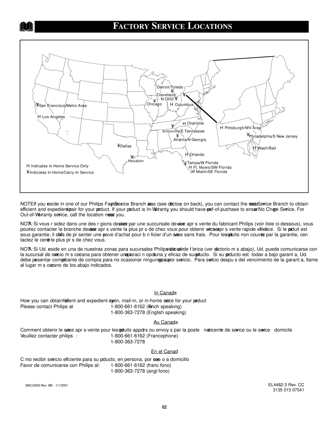 Philips CRT Television manual Factory Service Locations, Canada 