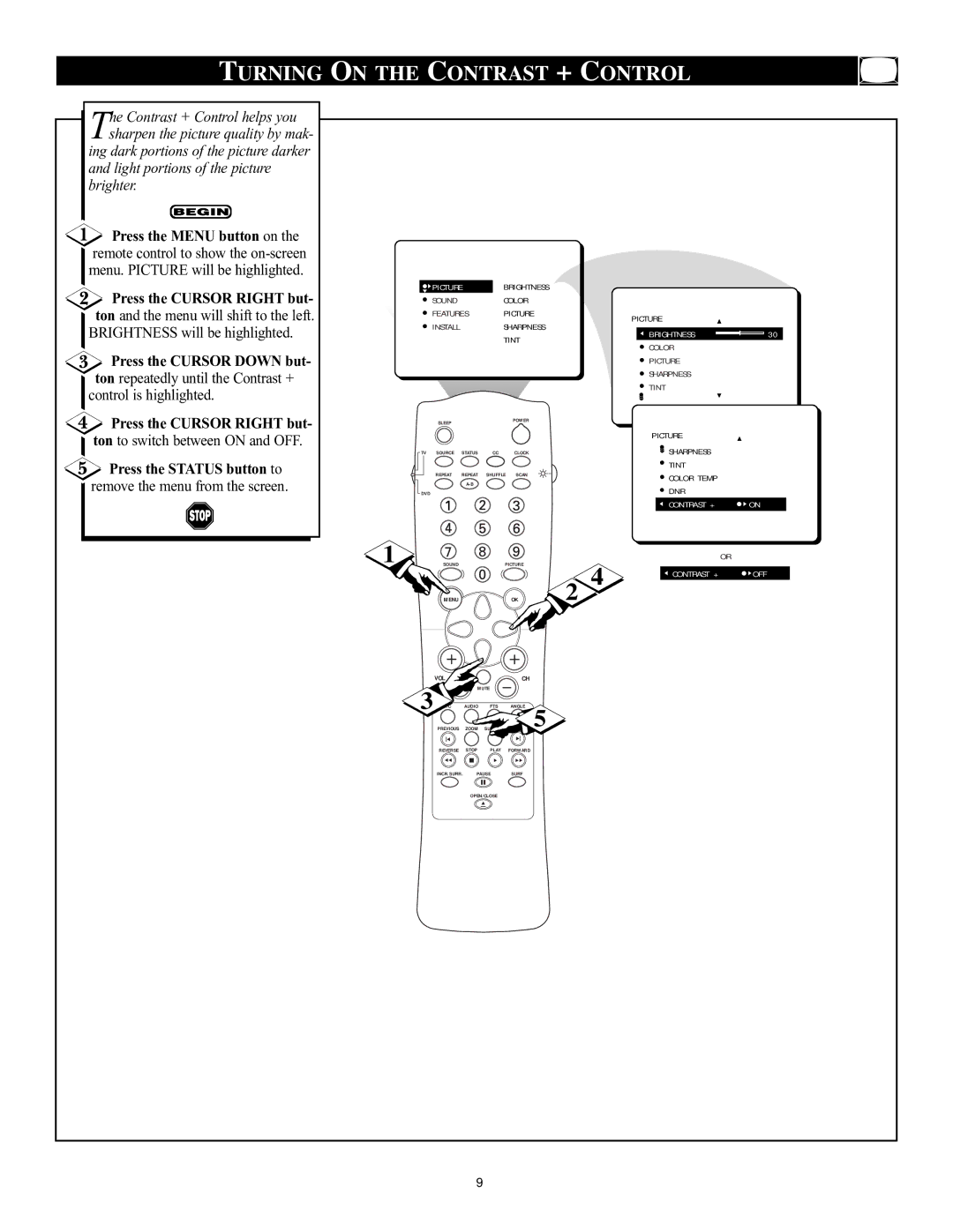 Philips CRT Television manual Turning on the Contrast + Control 