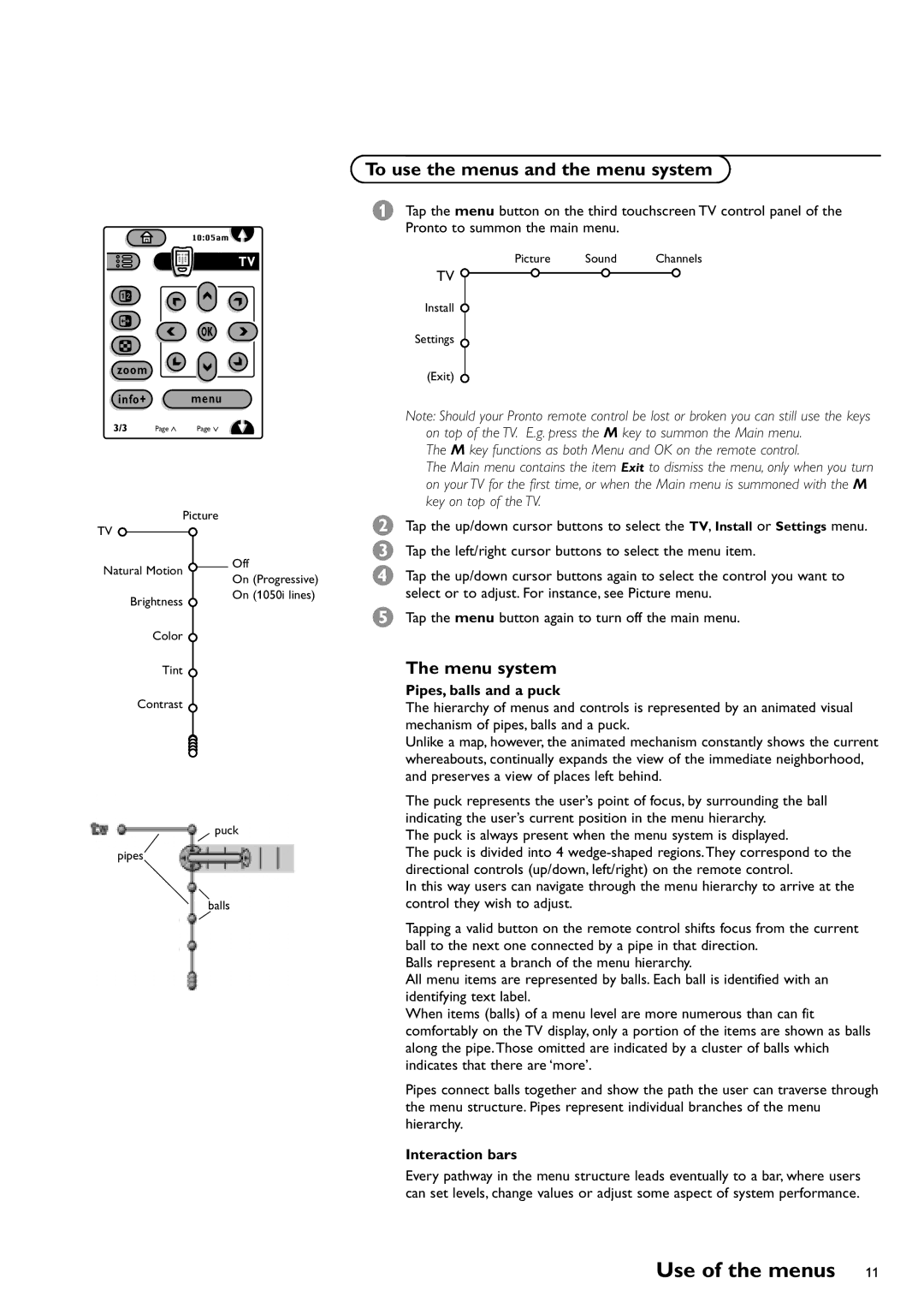 Philips CRT TV warranty Use of the menus, To use the menus and the menu system, Menu system, Pipes, balls and a puck 