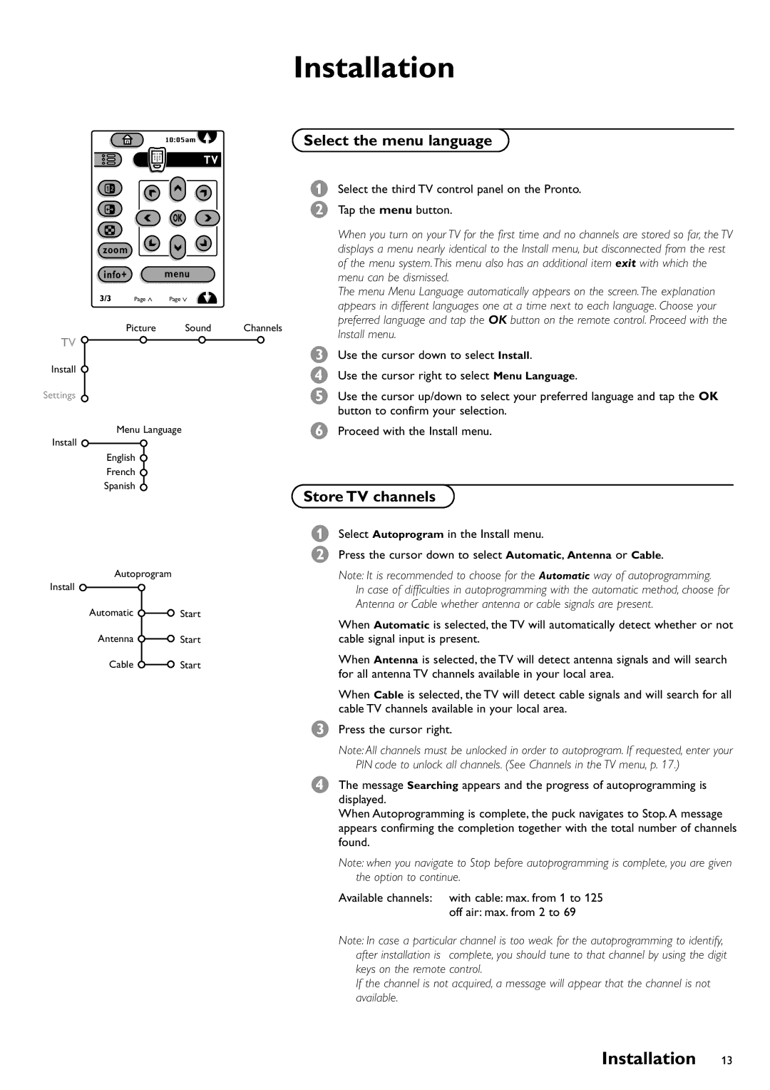 Philips CRT TV warranty Installation, Select the menu language, Store TV channels 