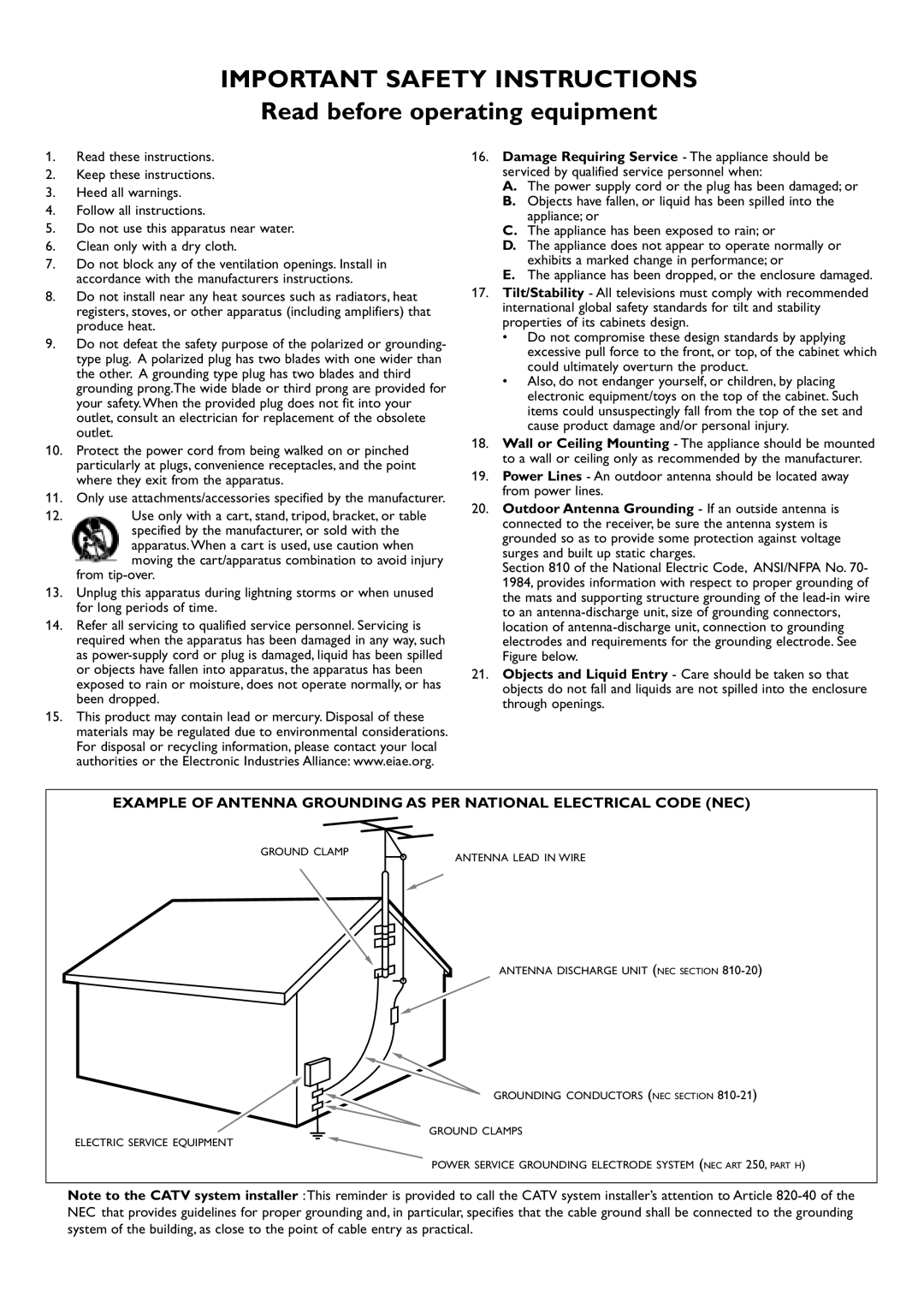 Philips CRT TV warranty Important Safety Instructions 