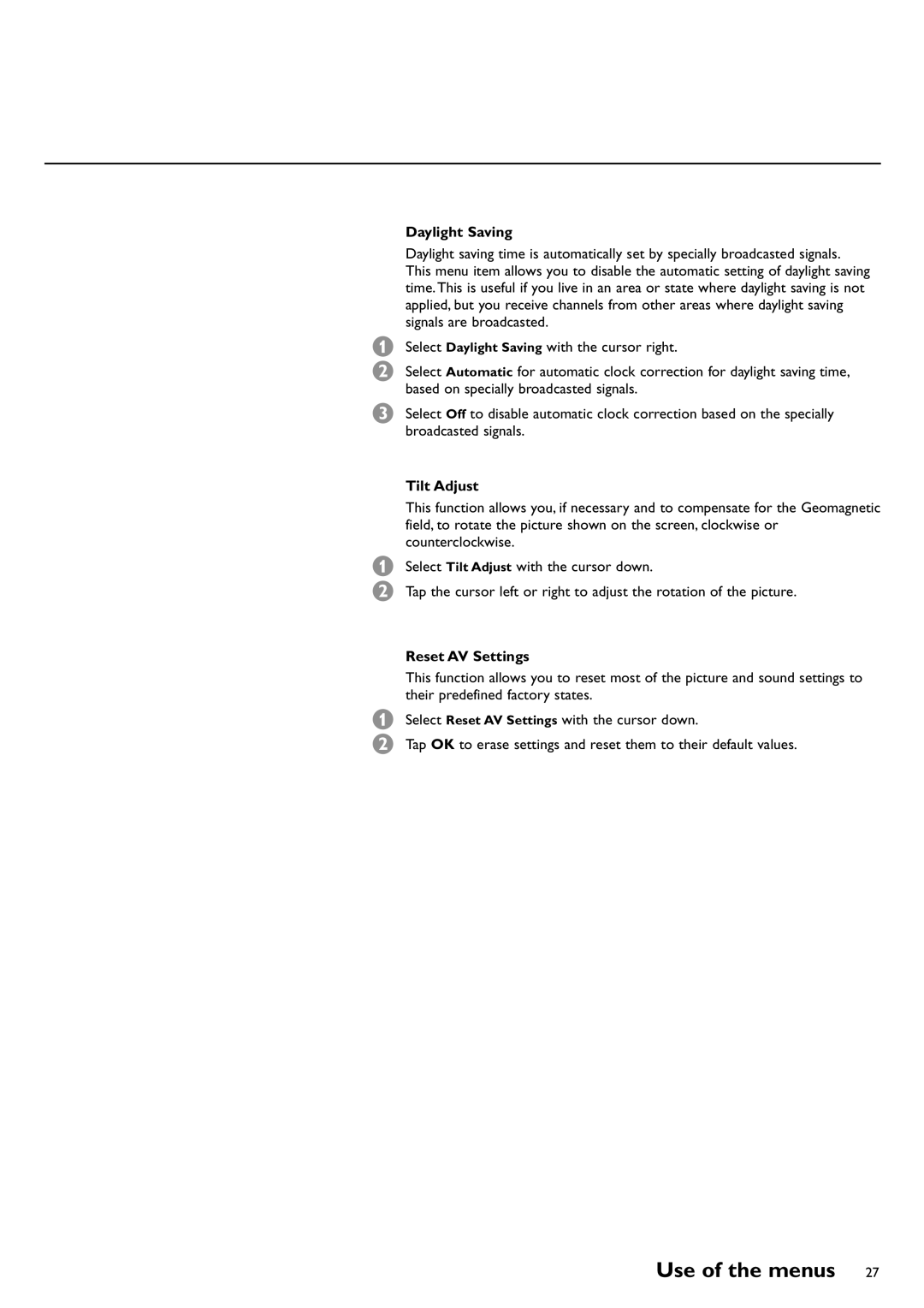 Philips CRT TV warranty Daylight Saving, Tilt Adjust, Reset AV Settings 