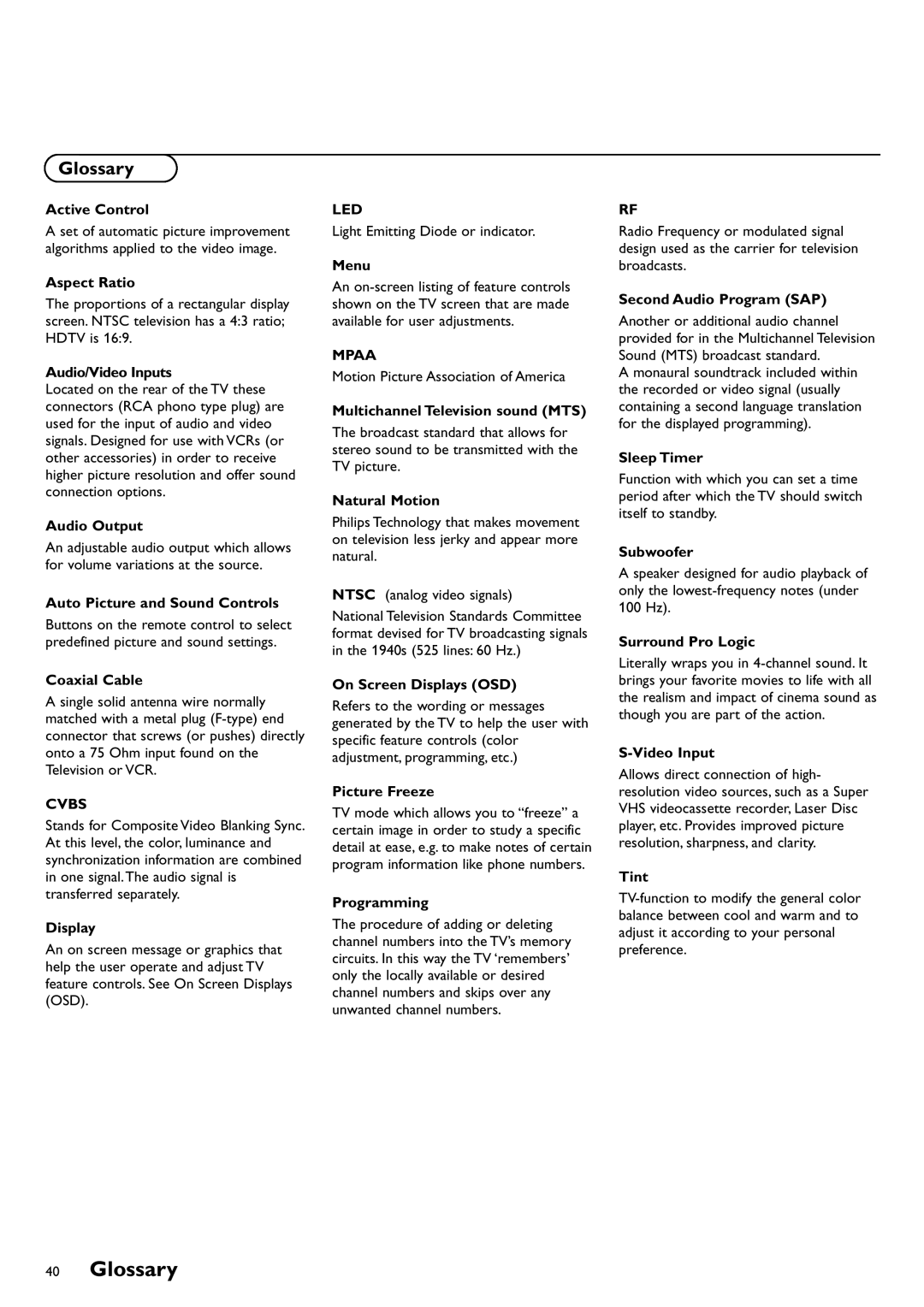 Philips CRT TV warranty Glossary 