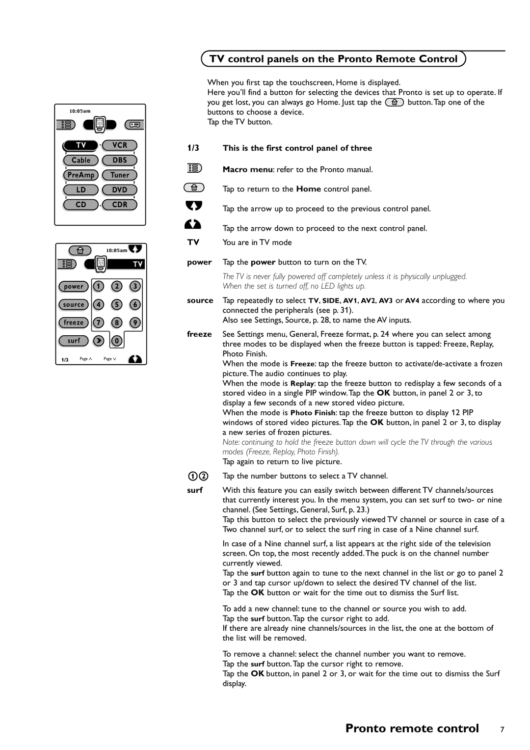 Philips CRT TV warranty TV control panels on the Pronto Remote Control, This is the first control panel of three 