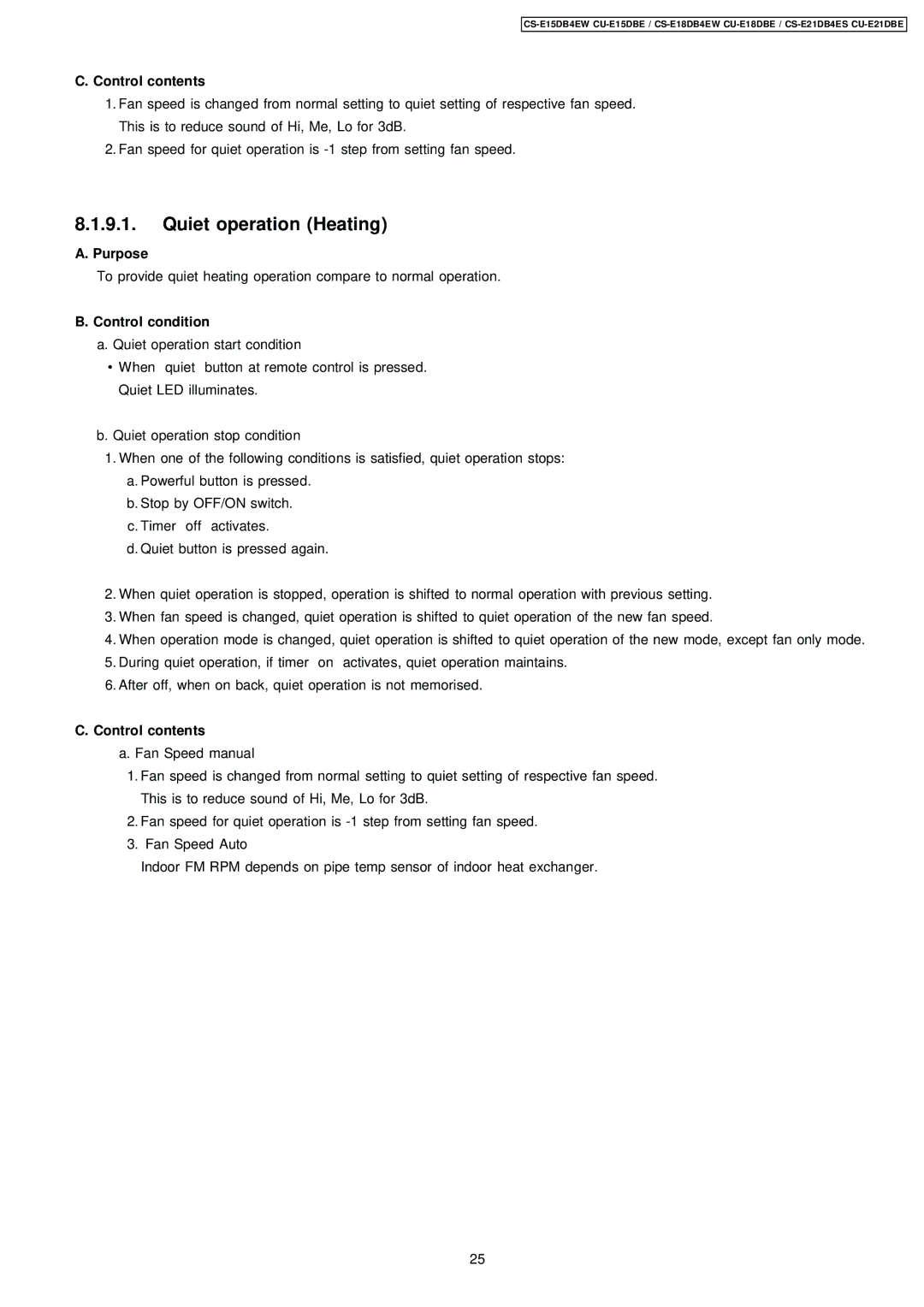 Philips CS-E15DB4EW specifications Quiet operation Heating, Control contents 