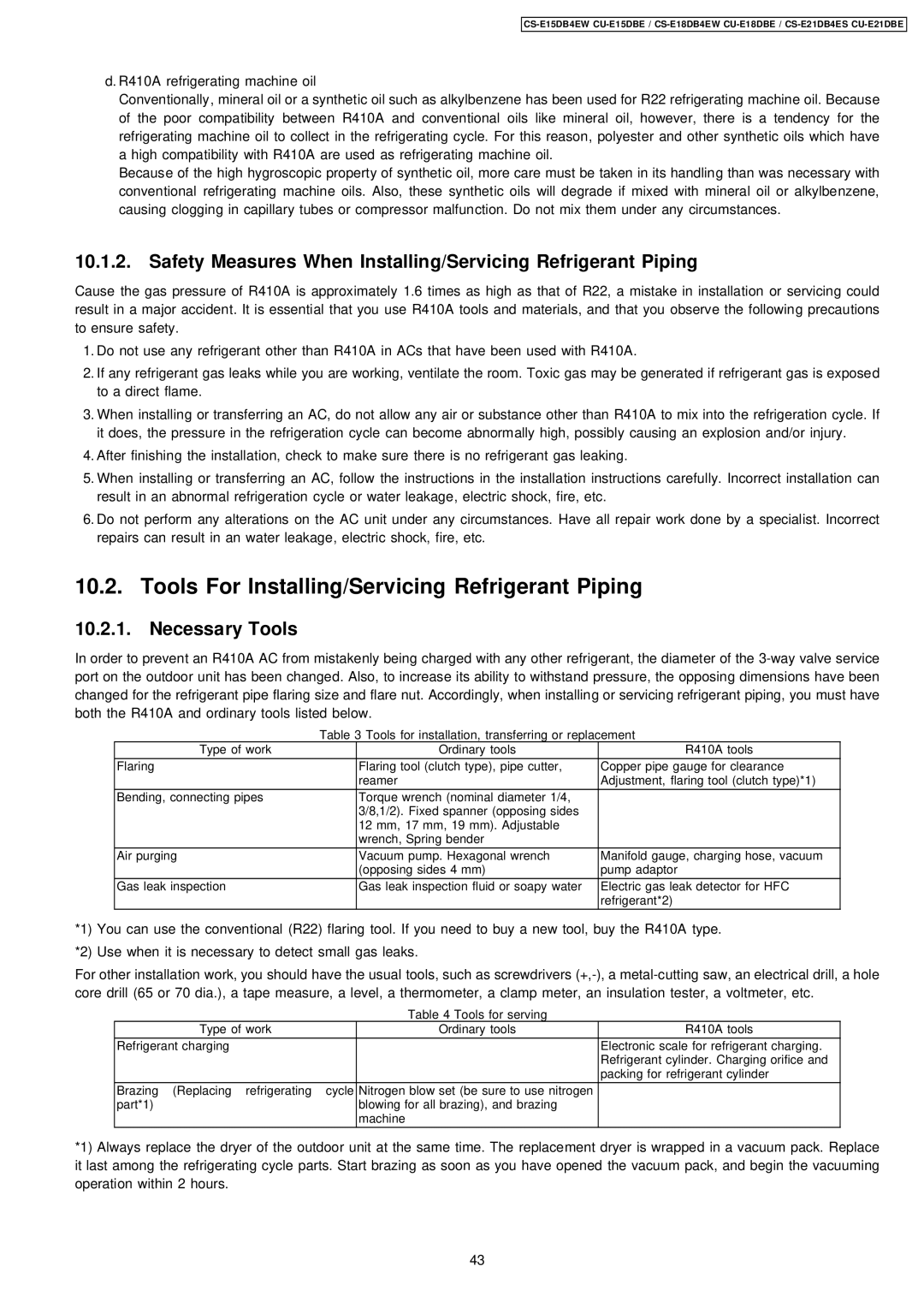 Philips CS-E15DB4EW specifications Tools For Installing/Servicing Refrigerant Piping, Necessary Tools 