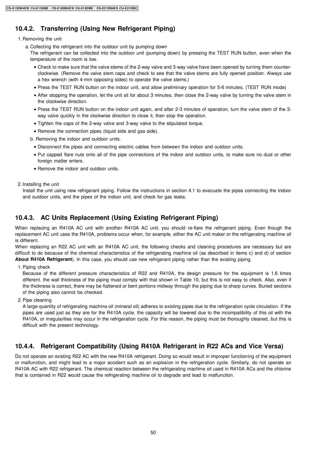 Philips CS-E15DB4EW Transferring Using New Refrigerant Piping, AC Units Replacement Using Existing Refrigerant Piping 