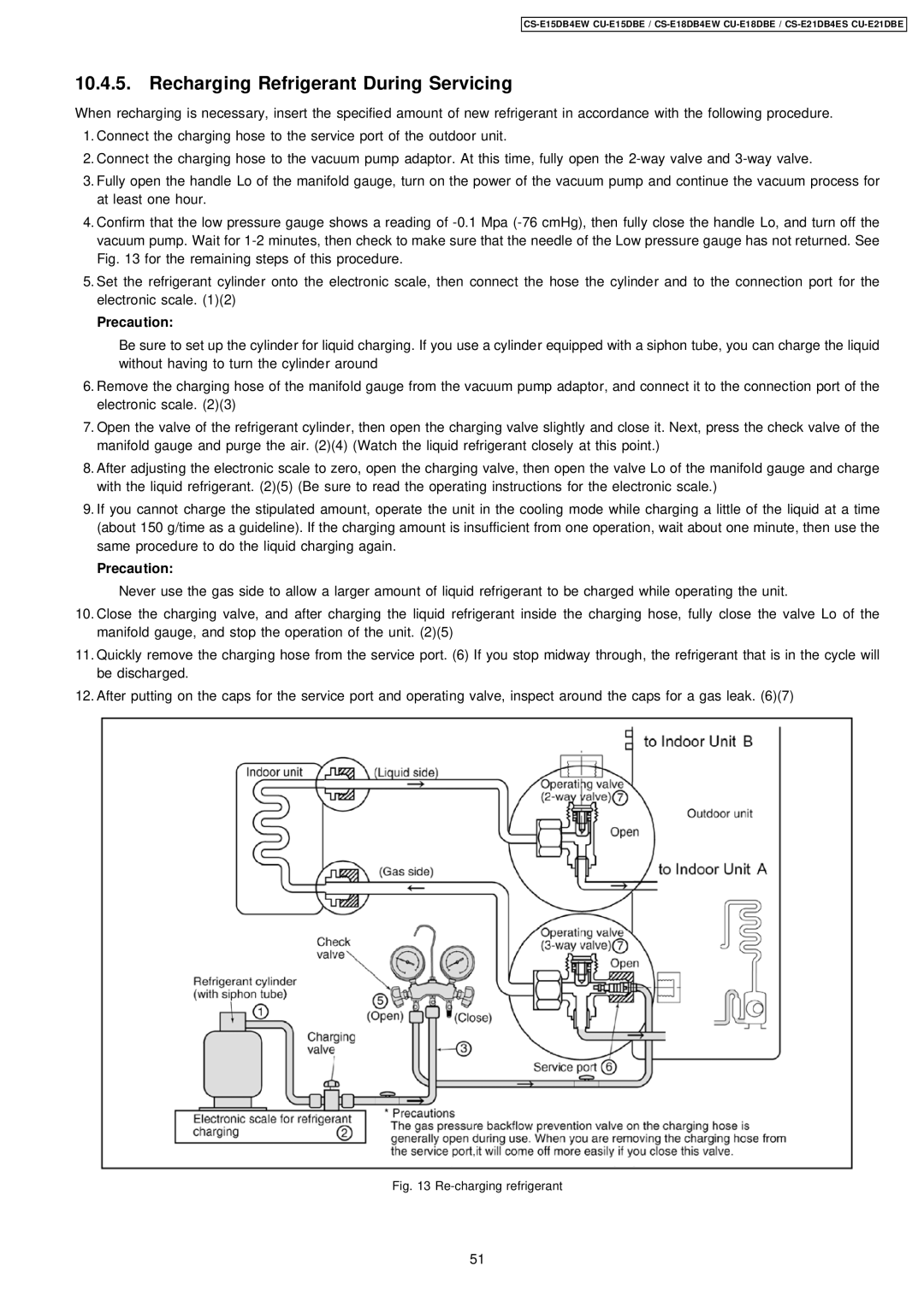 Philips CS-E15DB4EW specifications Recharging Refrigerant During Servicing, Precaution 