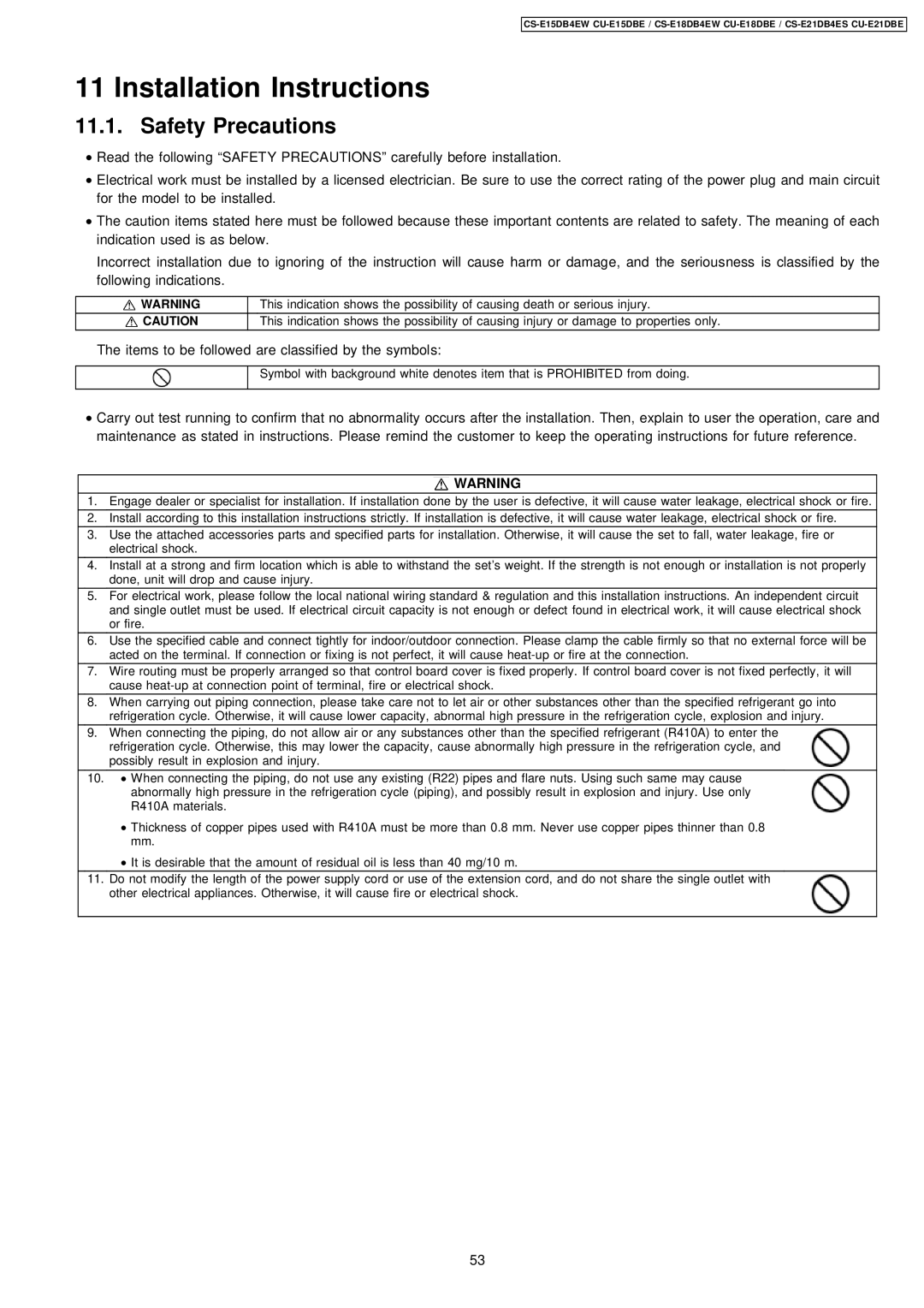 Philips CS-E15DB4EW specifications Installation Instructions, Safety Precautions 