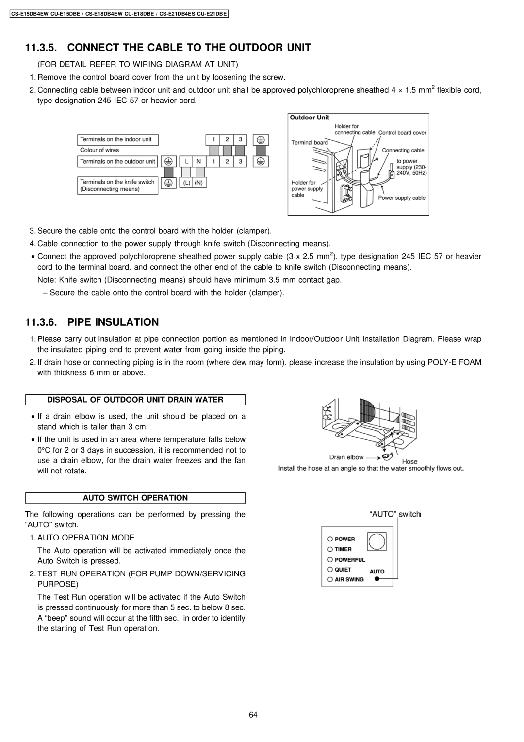 Philips CS-E15DB4EW specifications Disposal of Outdoor Unit Drain Water, Auto Switch Operation 