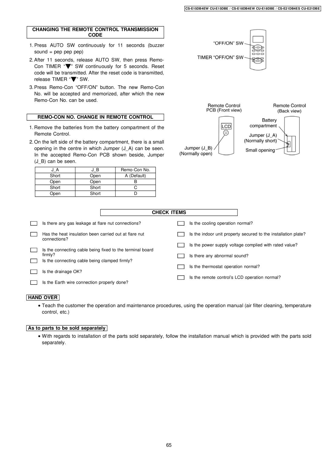 Philips CS-E15DB4EW Changing the Remote Control Transmission Code, REMO-CON NO. Change in Remote Control, Check Items 