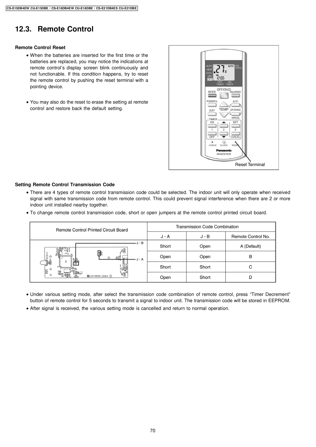 Philips CS-E15DB4EW specifications Remote Control Reset, Setting Remote Control Transmission Code 