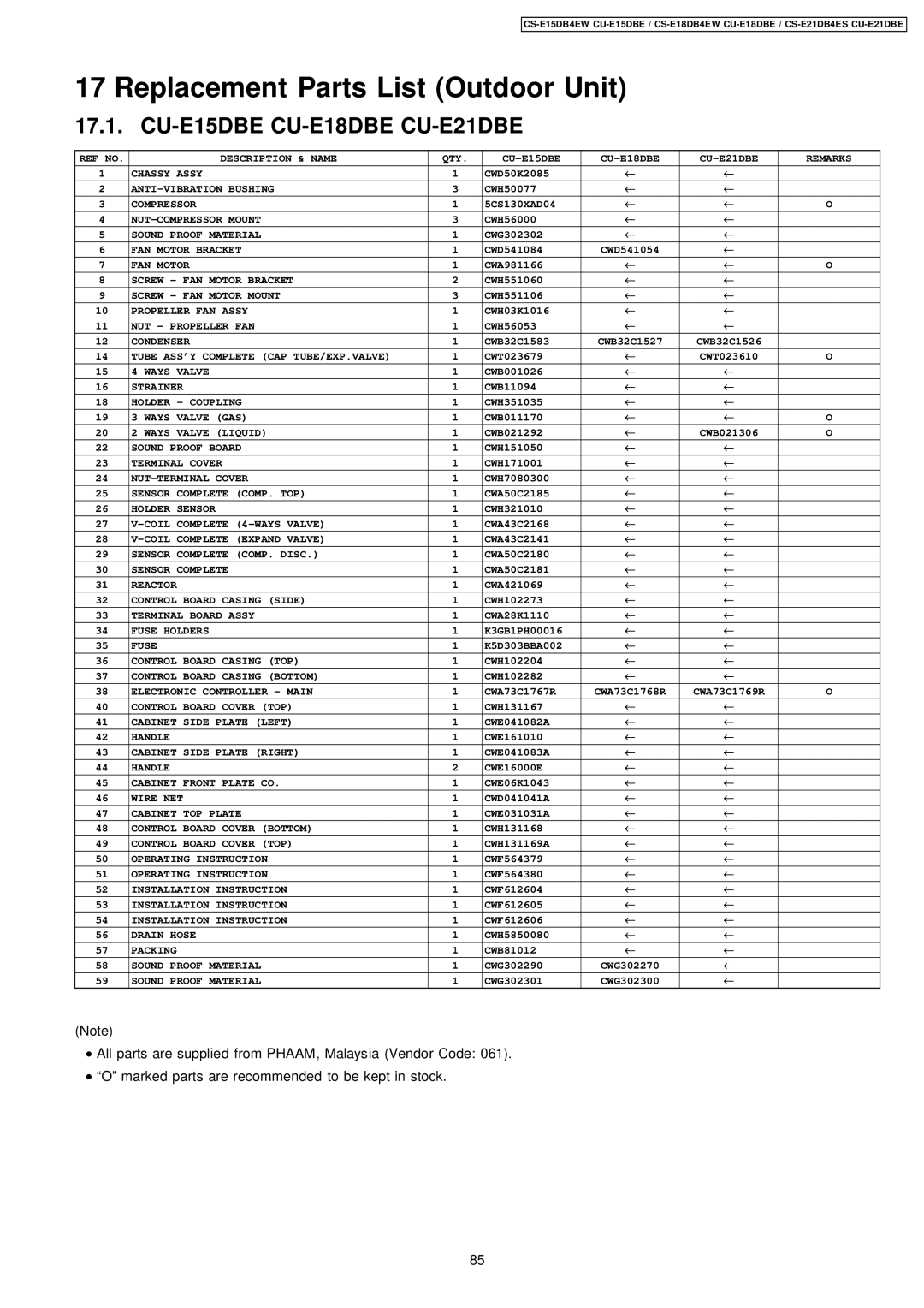 Philips CS-E15DB4EW specifications Replacement Parts List Outdoor Unit 