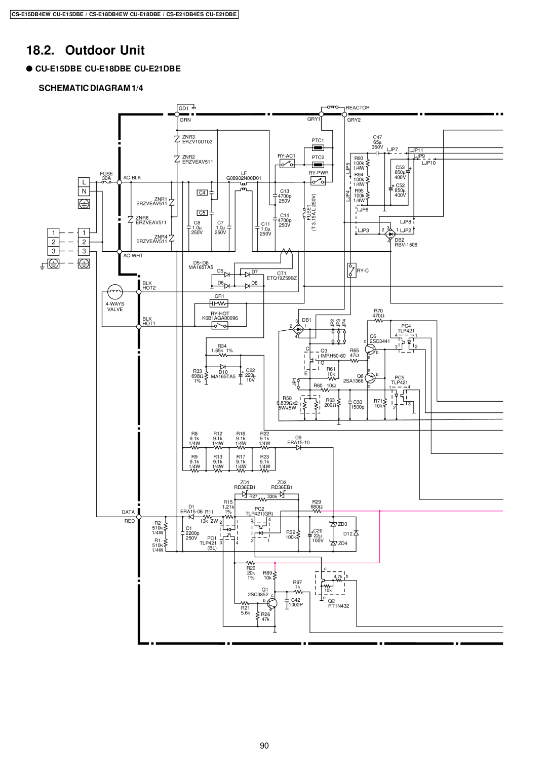 Philips CS-E15DB4EW specifications Outdoor Unit, CU-E15DBE CU-E18DBE CU-E21DBE Schematic Diagram 1/4 