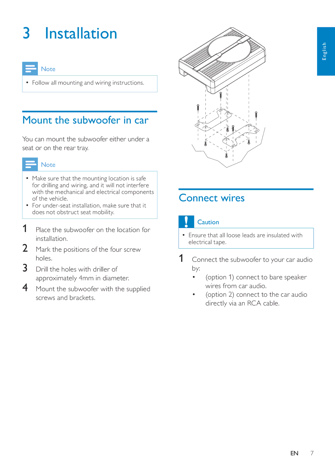 Philips CSM1000/00 user manual Installation, Mount the subwoofer in car, Connect wires 