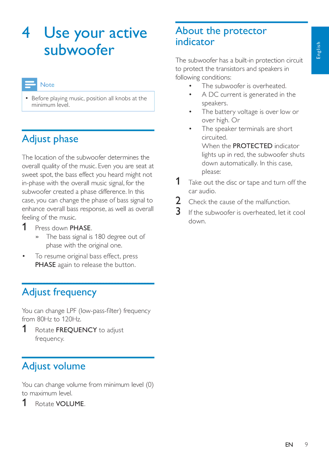 Philips CSM1000/00 Adjust phase, Adjust frequency, Adjust volume, About the protector indicator, Press down Phase 