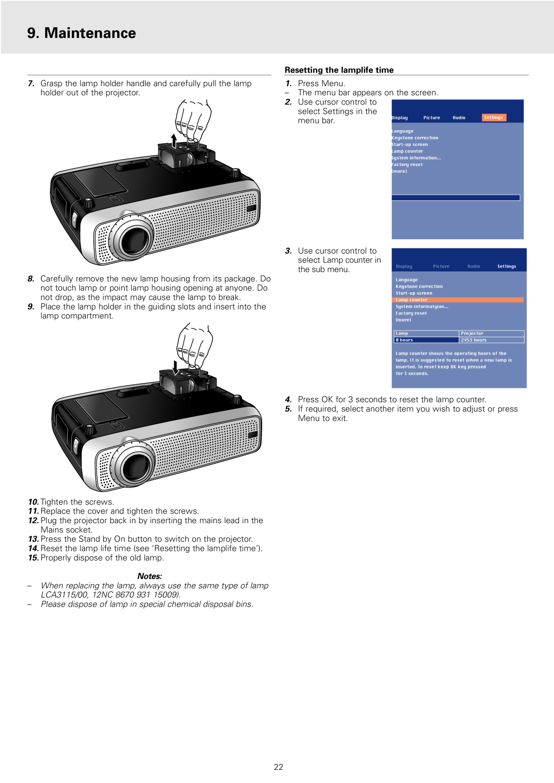 Philips cSmart Series manual Maintenance, Resetting the lamplife time, Press Menu, holder out of the projector, menu bar 