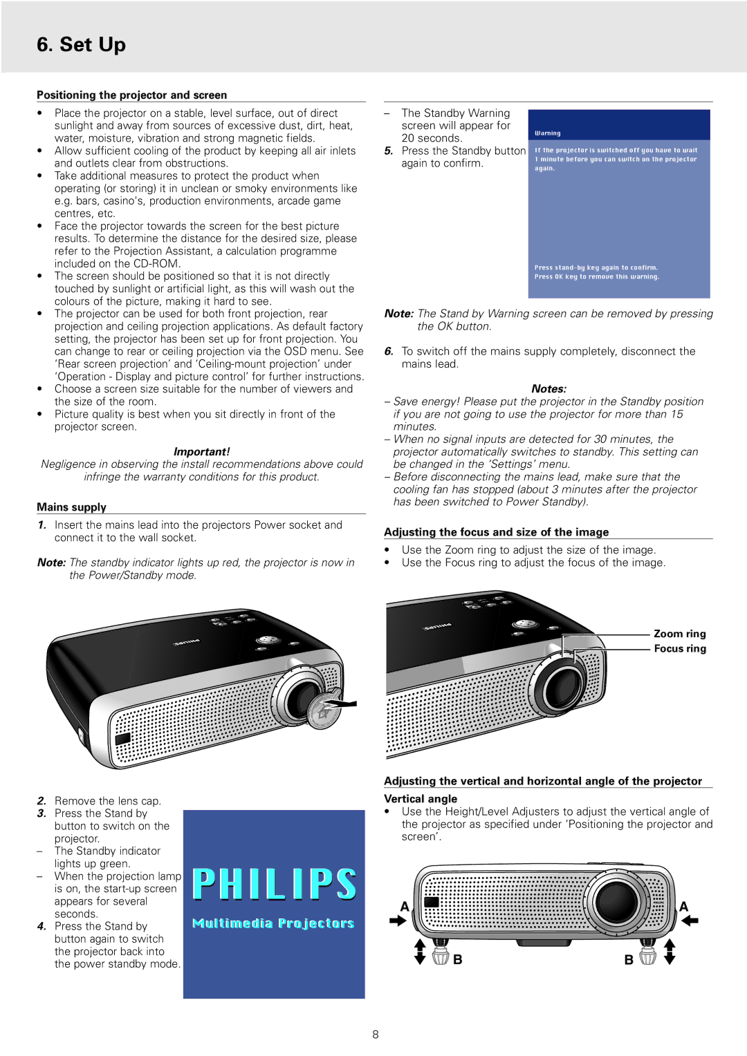 Philips cSmart Series manual Set Up, Positioning the projector and screen, Mains supply 