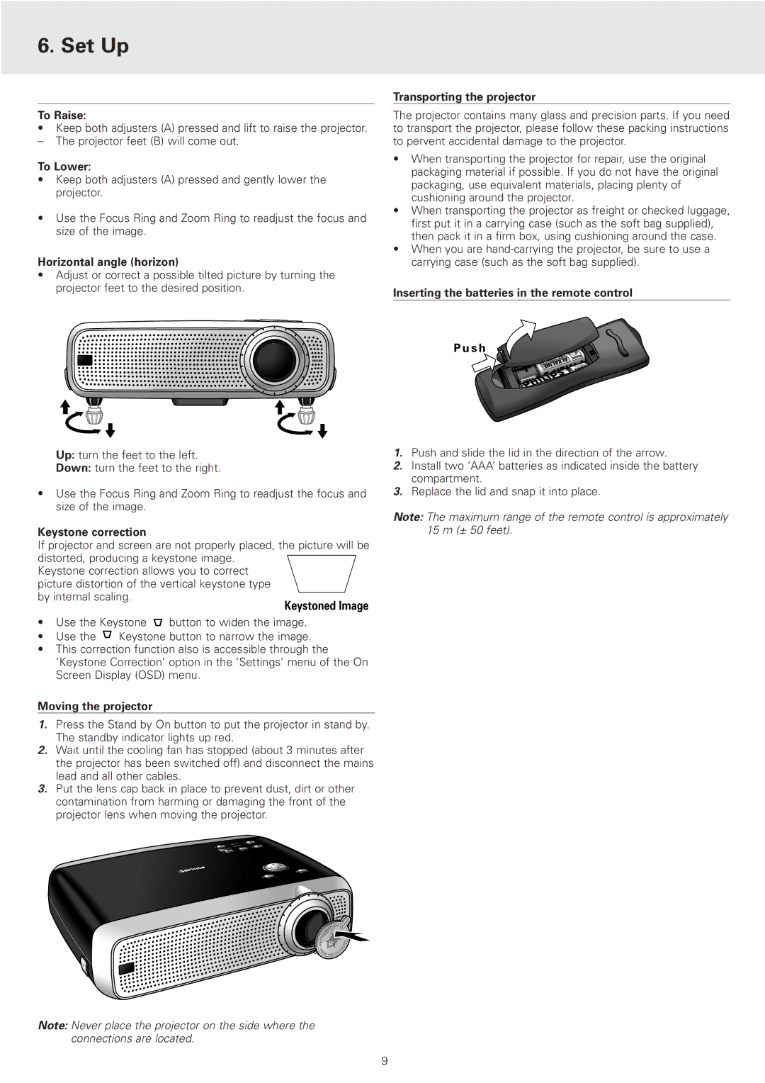 Philips cSmart Series manual To Raise, To Lower, Horizontal angle horizon, Moving the projector, Transporting the projector 