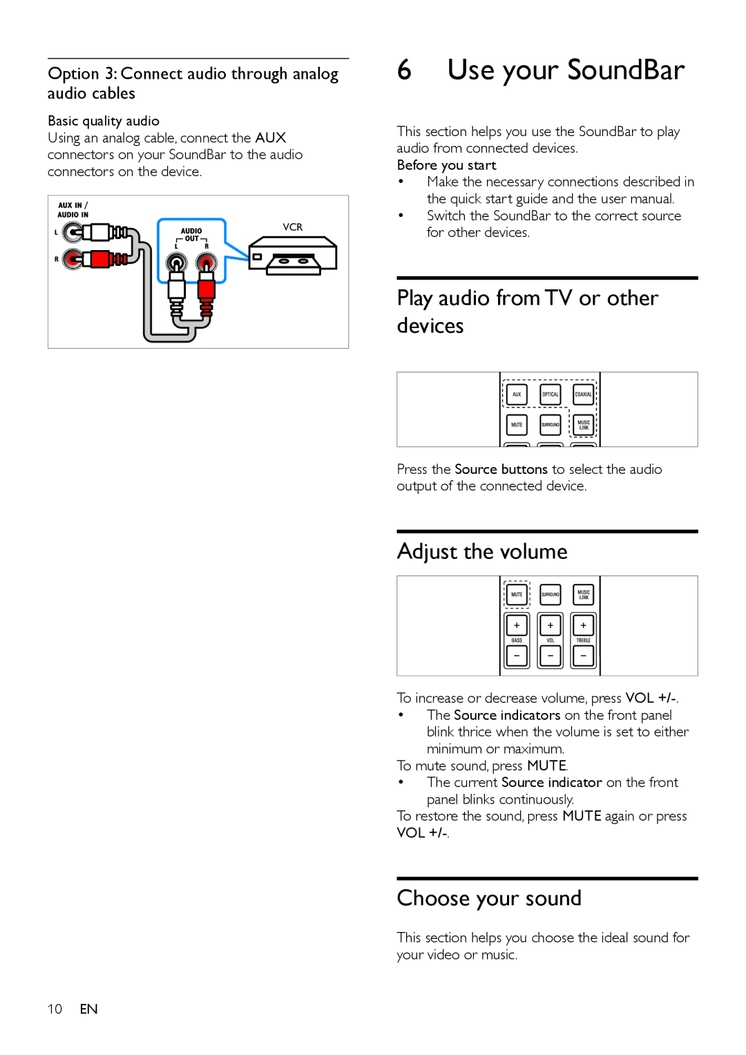 Philips CSS2123B/F7 Use your SoundBar, Play audio from TV or other devices, Adjust the volume, Choose your sound 