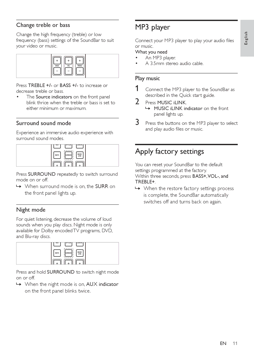 Philips CSS2123B/F7 user manual MP3 player, Apply factory settings 