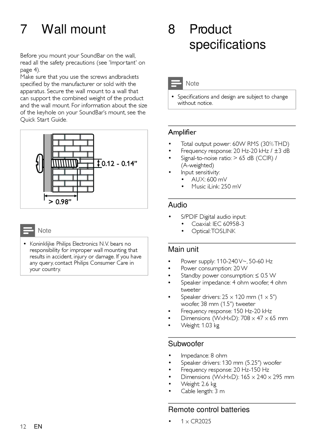 Philips CSS2123B/F7 user manual Wall mount 