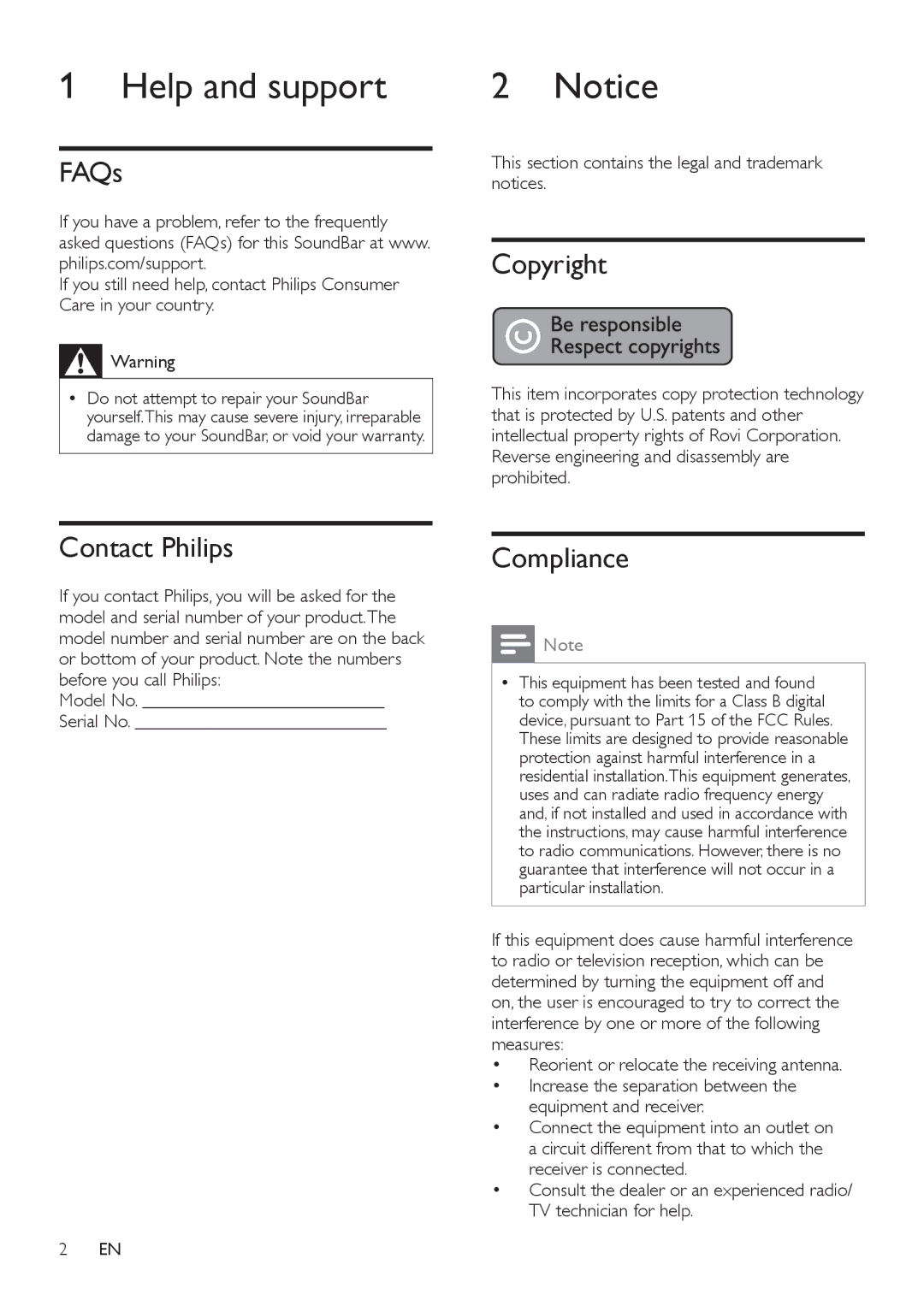 Philips CSS2123B/F7 user manual Help and support, FAQs, Copyright, Contact Philips, Compliance 