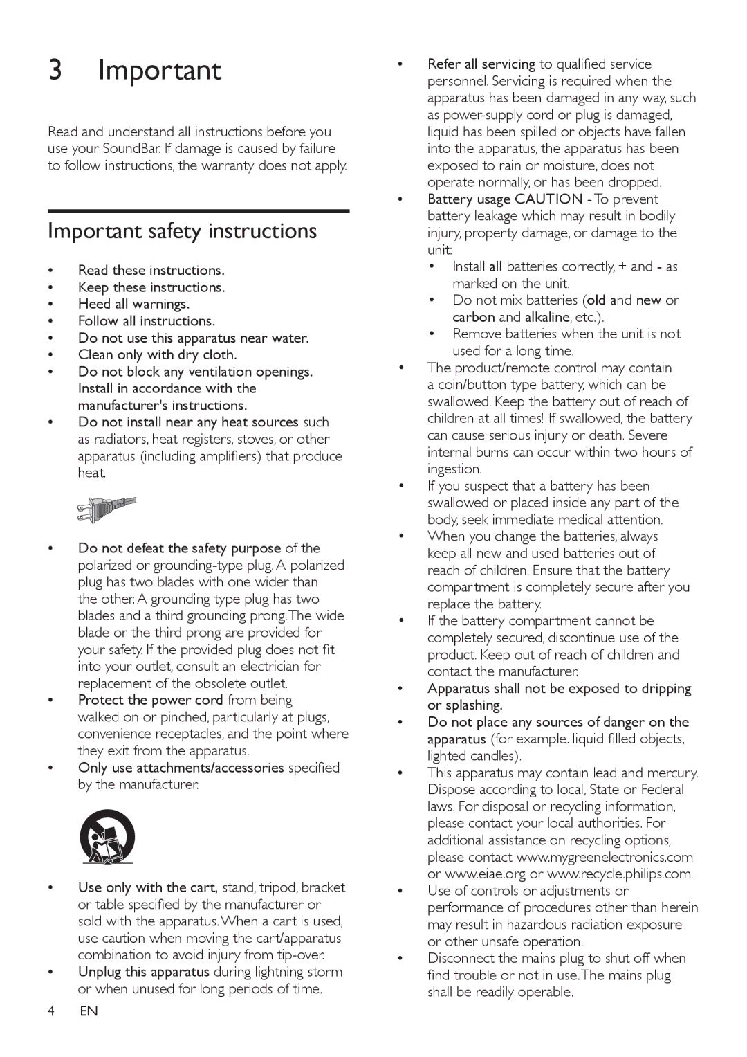 Philips CSS2123B/F7 user manual Important safety instructions 