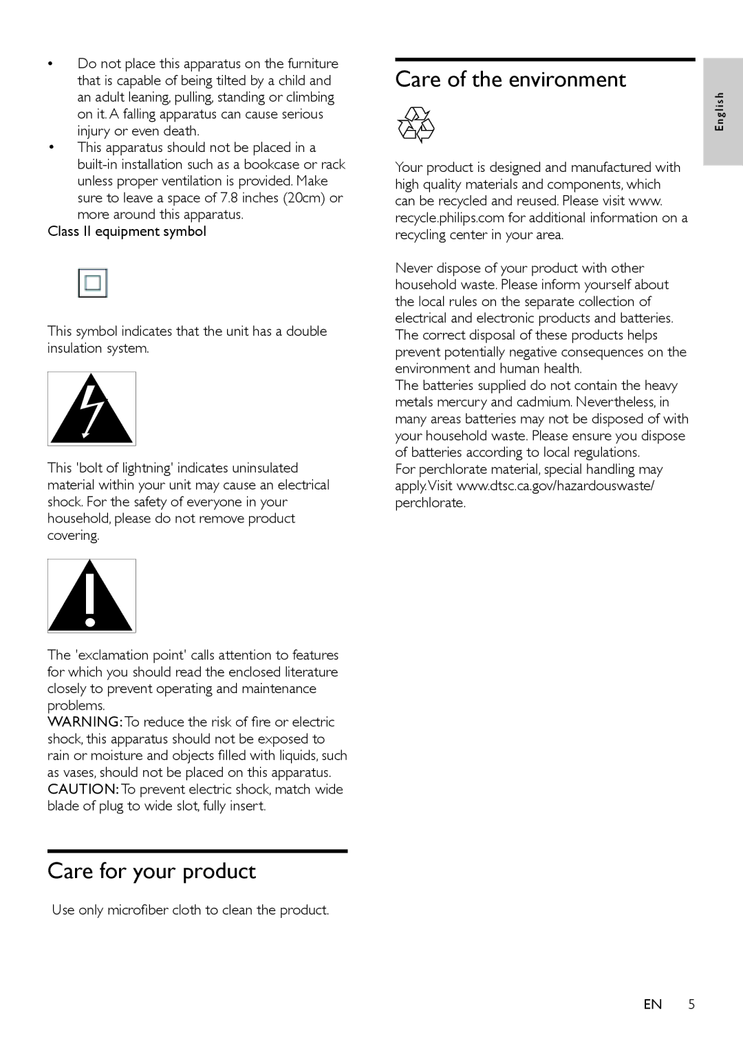 Philips CSS2123B/F7 user manual Care for your product, Care of the environment 