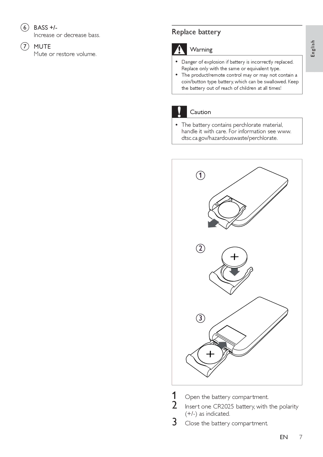 Philips CSS2123B/F7 user manual Replace battery, Replace only with the same or equivalent type 