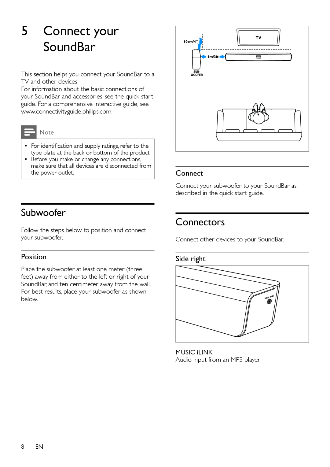 Philips CSS2123B/F7 user manual Subwoofer, Connectors, Position, Side right, 5Connect your SoundBar 
