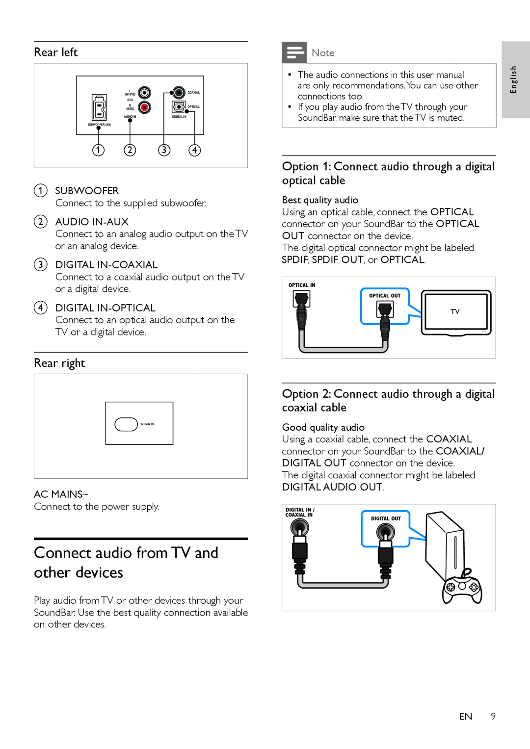 Philips CSS2123B/F7 user manual Connect audio from TV and other devices, Rear left, Rear right 