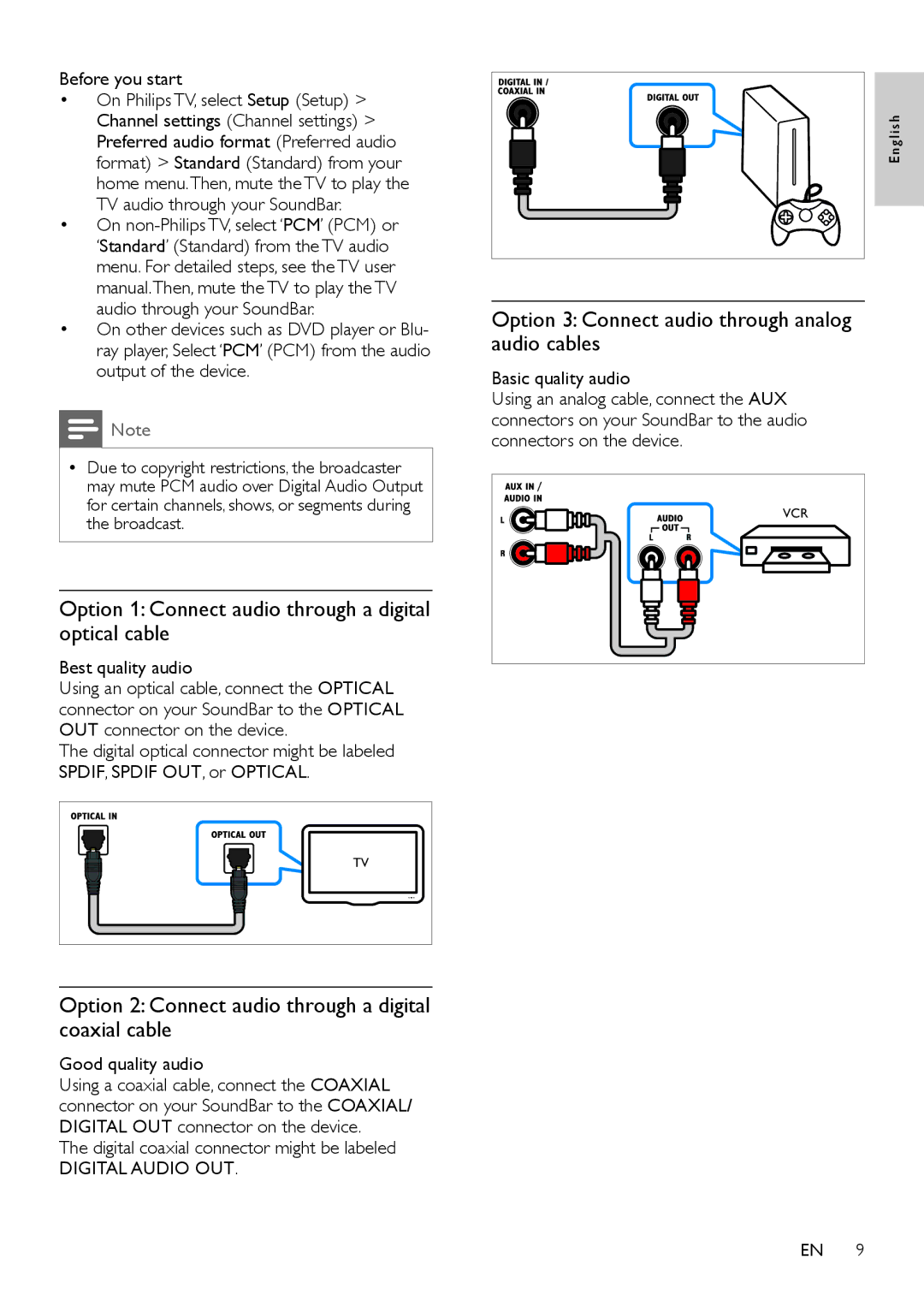 Philips CSS2123/F7 user manual Option 1 Connect audio through a digital optical cable 