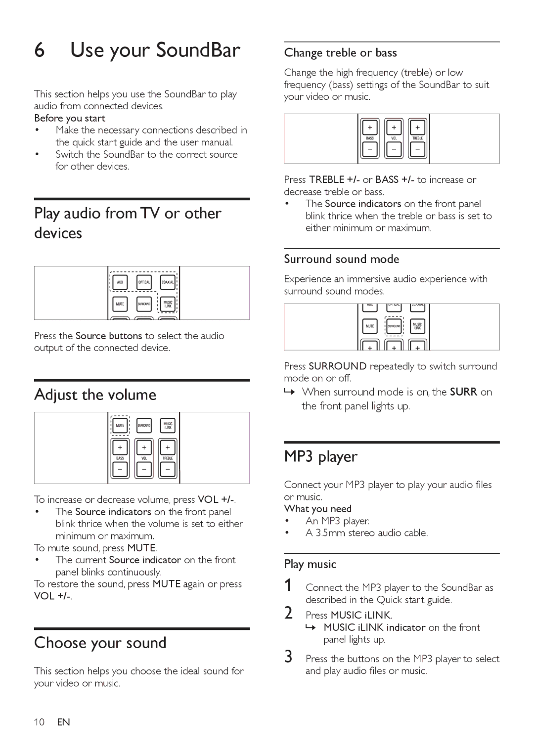 Philips CSS2123/F7 user manual Use your SoundBar, Play audio from TV or other devices, Adjust the volume, Choose your sound 