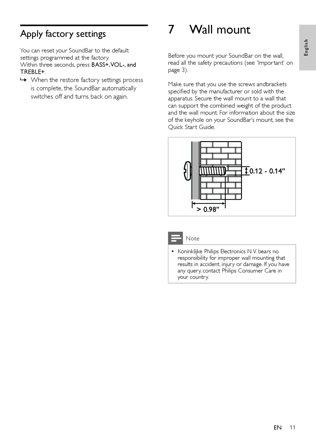 Philips CSS2123/F7 user manual Wall mount, Apply factory settings 