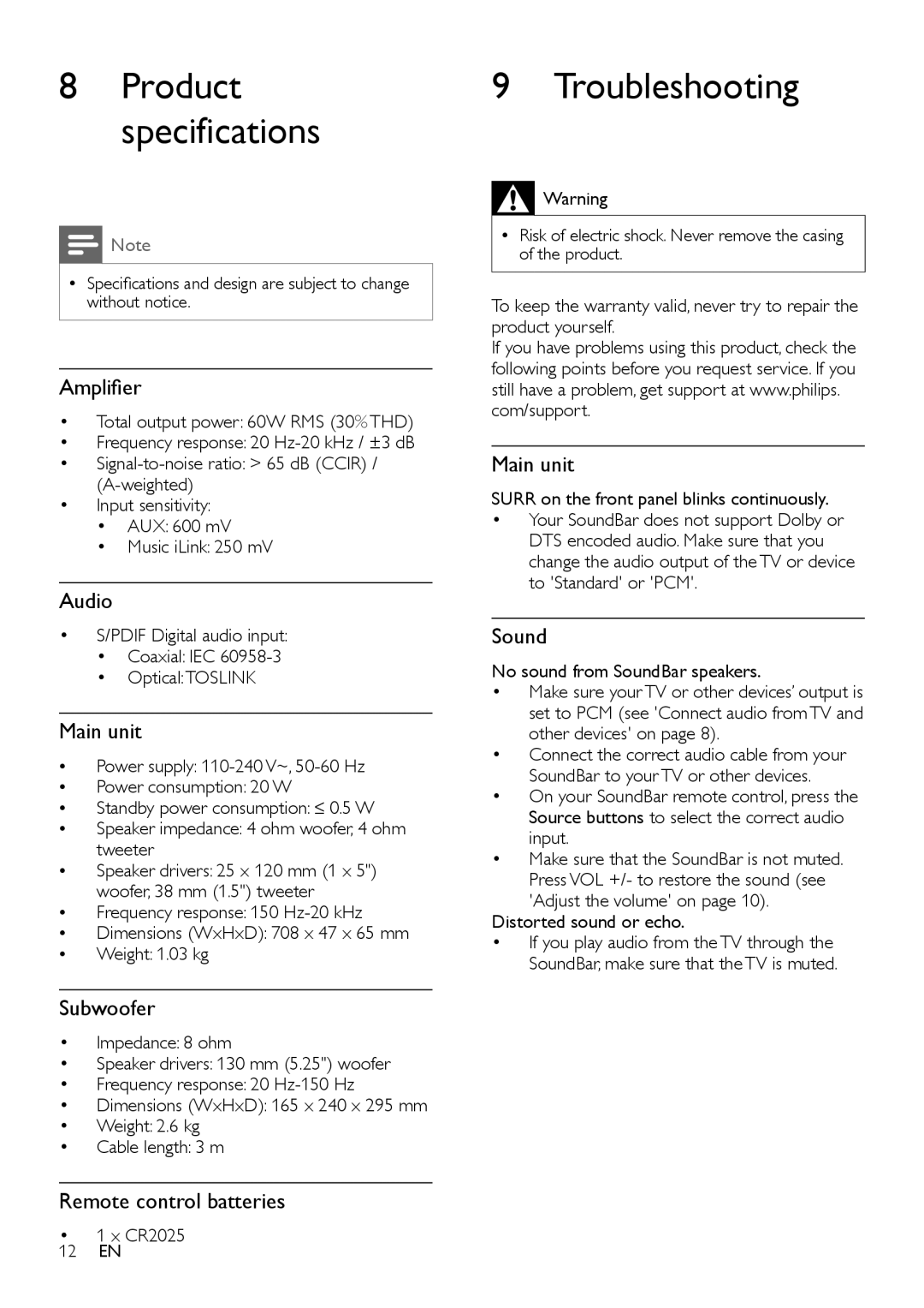 Philips CSS2123/F7 user manual Troubleshooting 