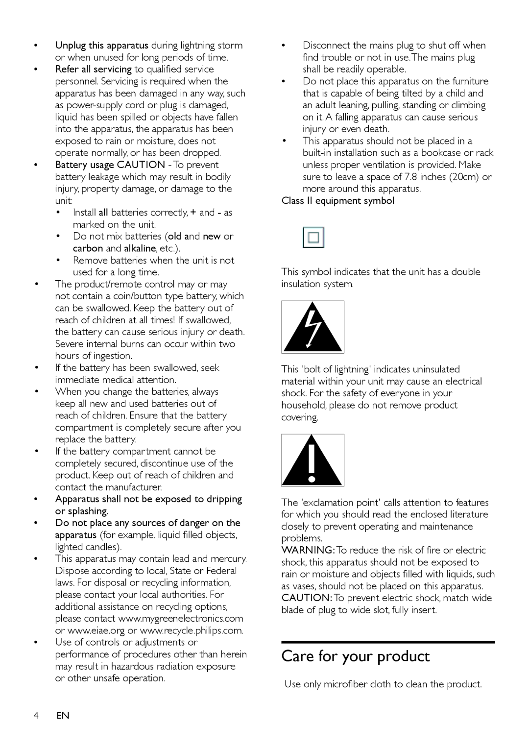 Philips CSS2123/F7 user manual Care for your product 