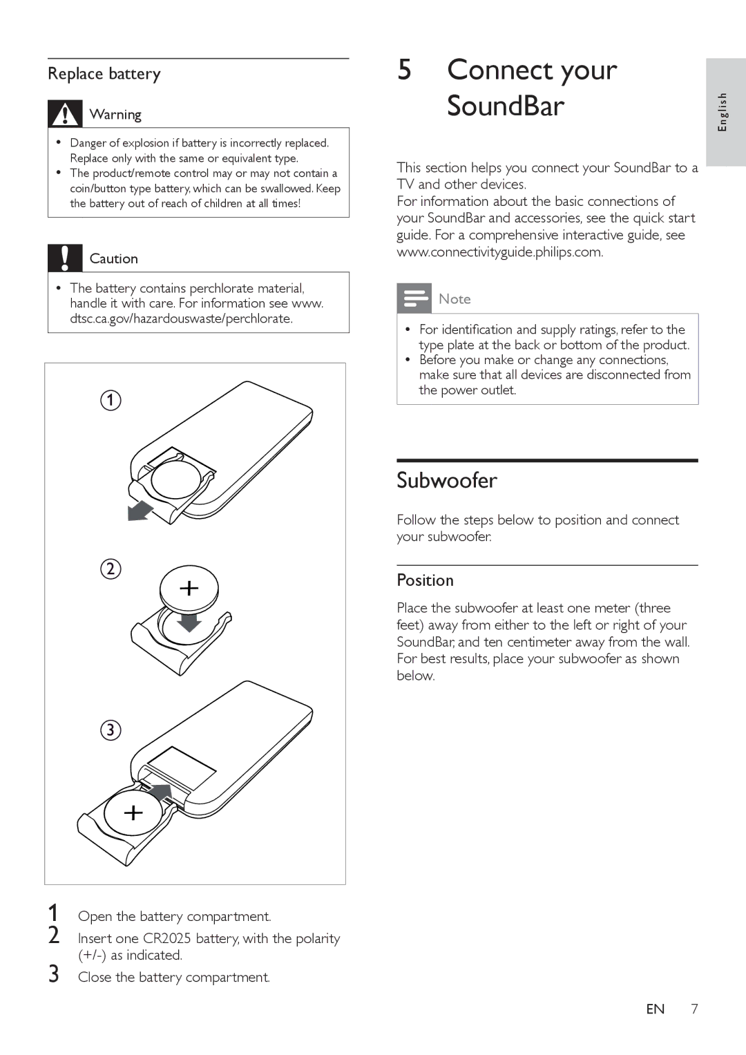 Philips CSS2123/F7 user manual Connect your, Subwoofer, Replace battery, Position 