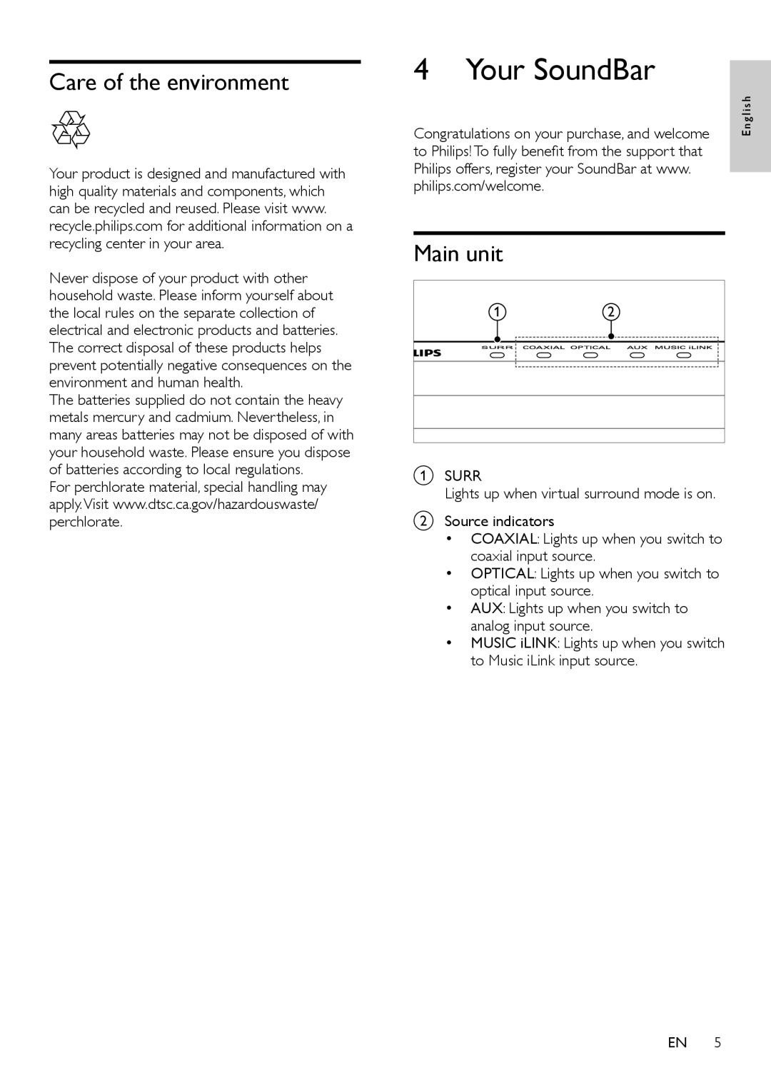 Philips CSS2123/F7 user manual Your SoundBar, Care of the environment, Main unit 
