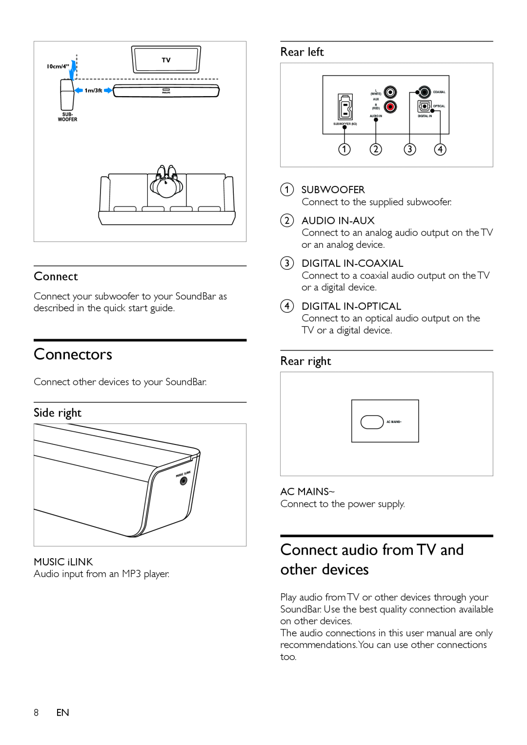 Philips CSS2123/F7 user manual Connectors, Connect audio from TV and other devices, Side right, Rear left, Rear right 