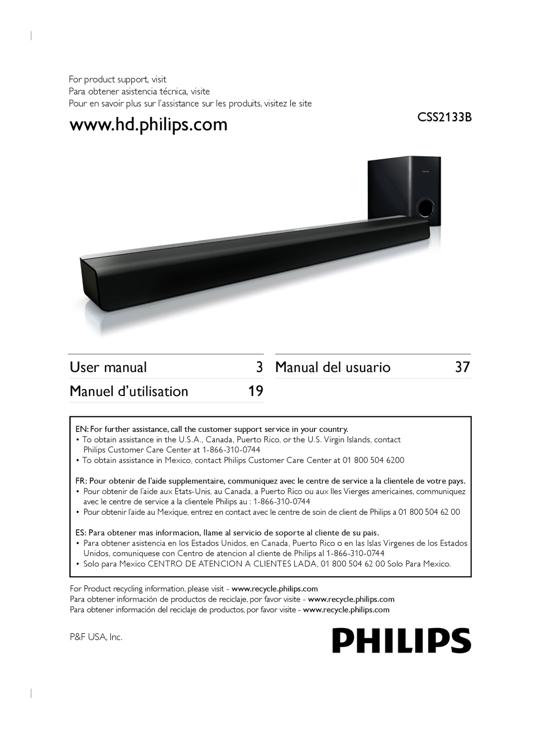 Philips CSS2133B user manual Manual del usuario Manuel d’utilisation, USA, Inc 