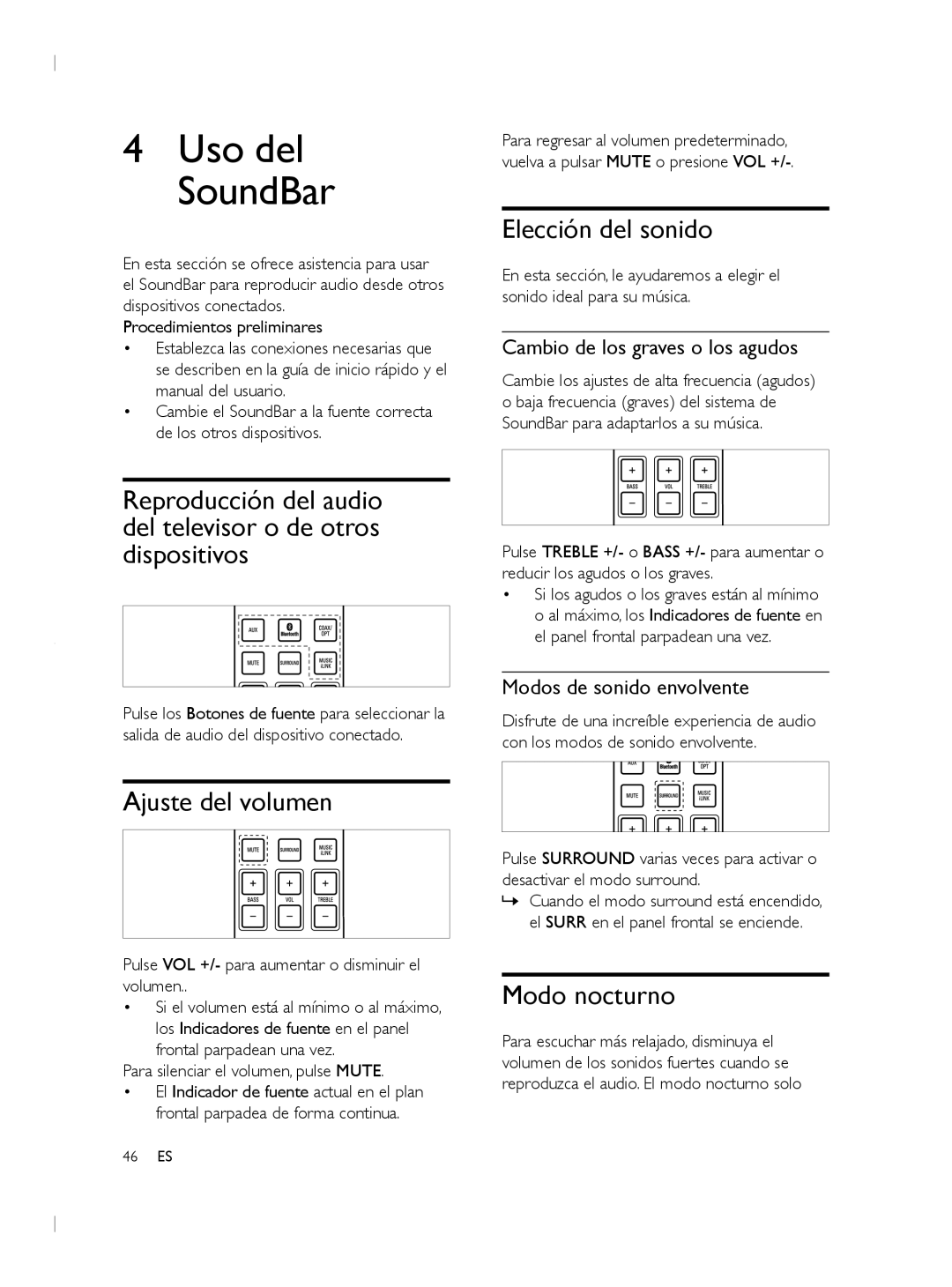 Philips CSS2133B user manual Elección del sonido, Ajuste del volumen, Modo nocturno, Cambio de los graves o los agudos 