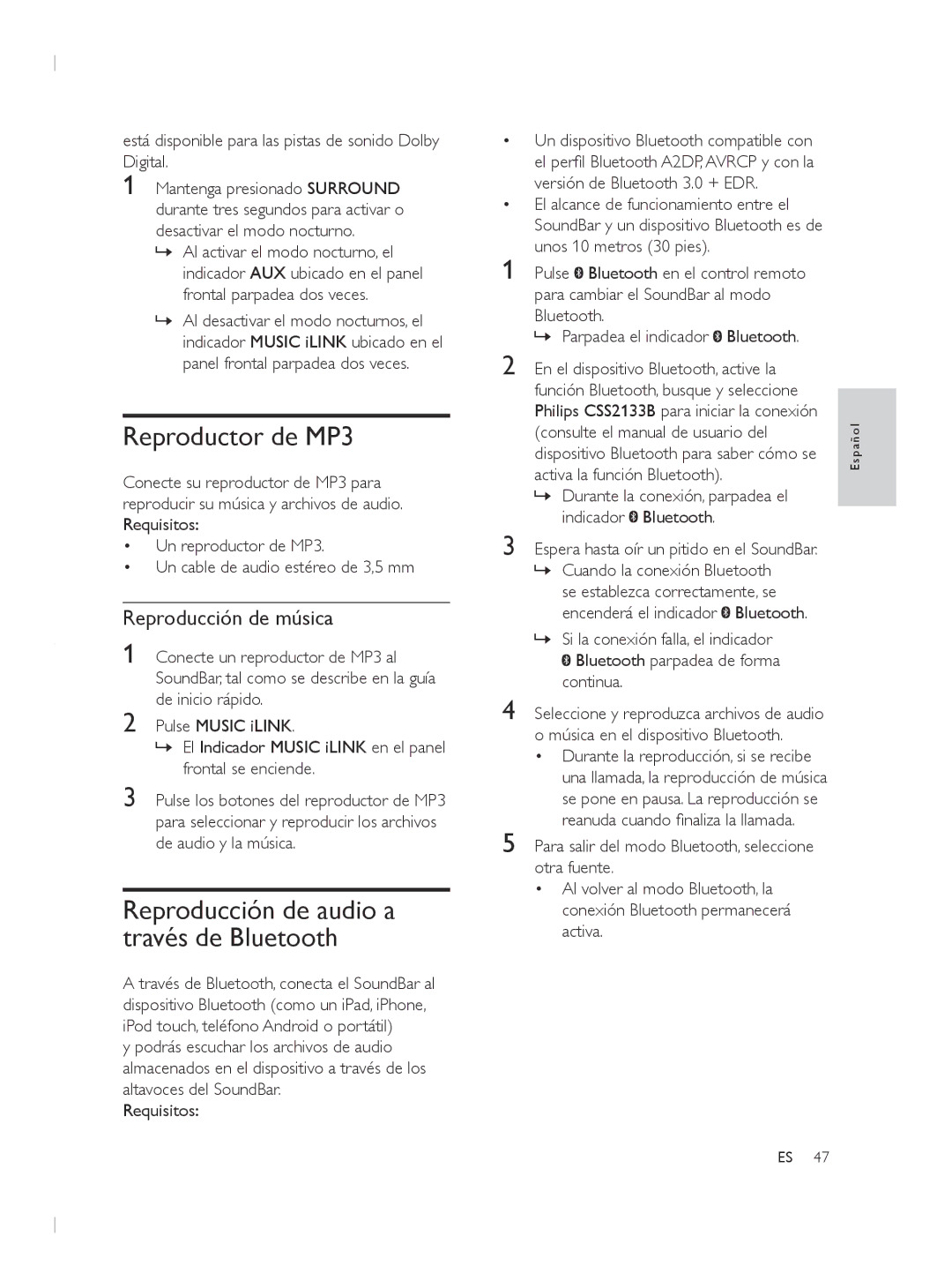 Philips CSS2133B user manual Versión de Bluetooth 3.0 + EDR, Unos 10 metros 30 pies, Pulse Bluetooth en el control remoto 