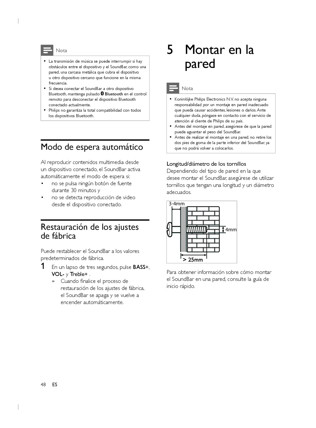 Philips CSS2133B user manual Montar en la pared, Modo de espera automático, Restauración de los ajustes de fábrica 