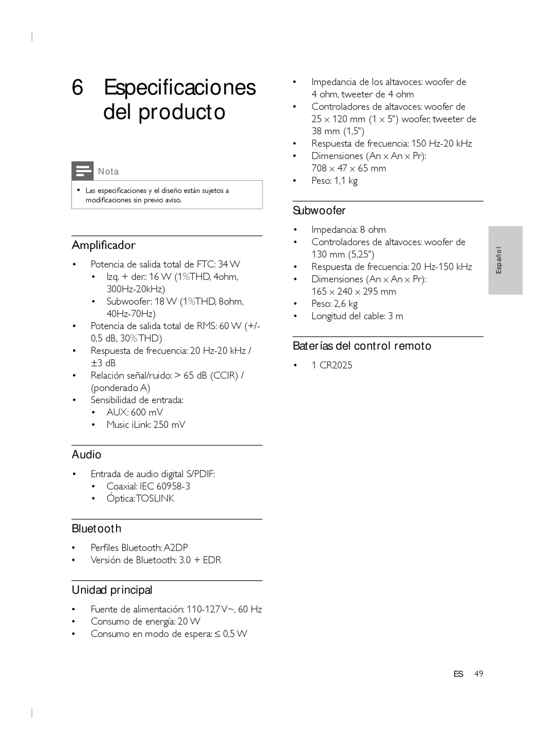 Philips CSS2133B user manual Amplificador, Audio, Bluetooth, Unidad principal, Subwoofer, Baterías del control remoto 