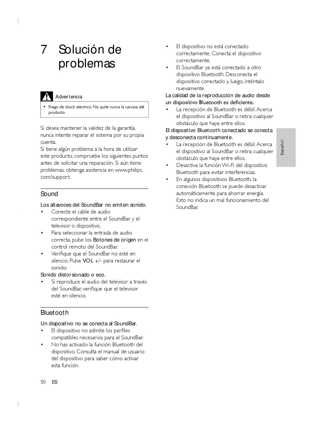 Philips CSS2133B user manual Los altavoces del SoundBar no emiten sonido, Un dispositivo no se conecta al SoundBar 