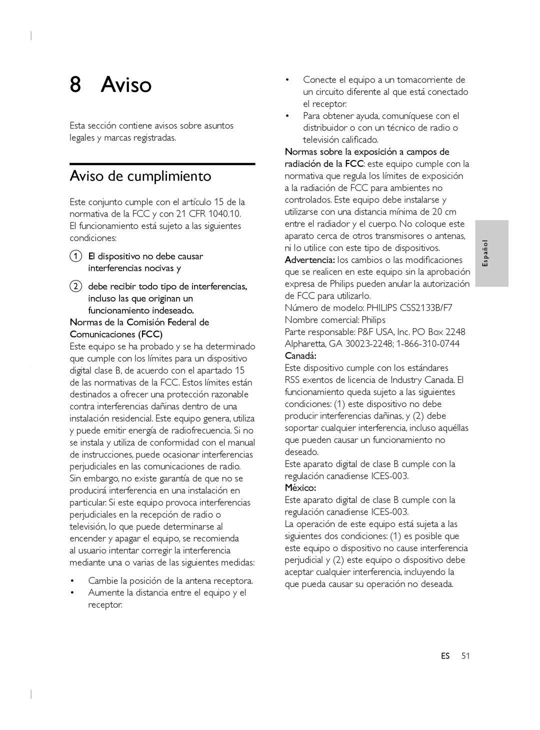 Philips CSS2133B user manual Aviso de cumplimiento, Televisión calificado, México 