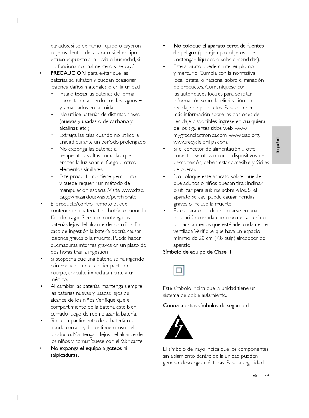 Philips CSS2133B user manual No exponga el equipo a goteos ni salpicaduras, Símbolo de equipo de Clase 